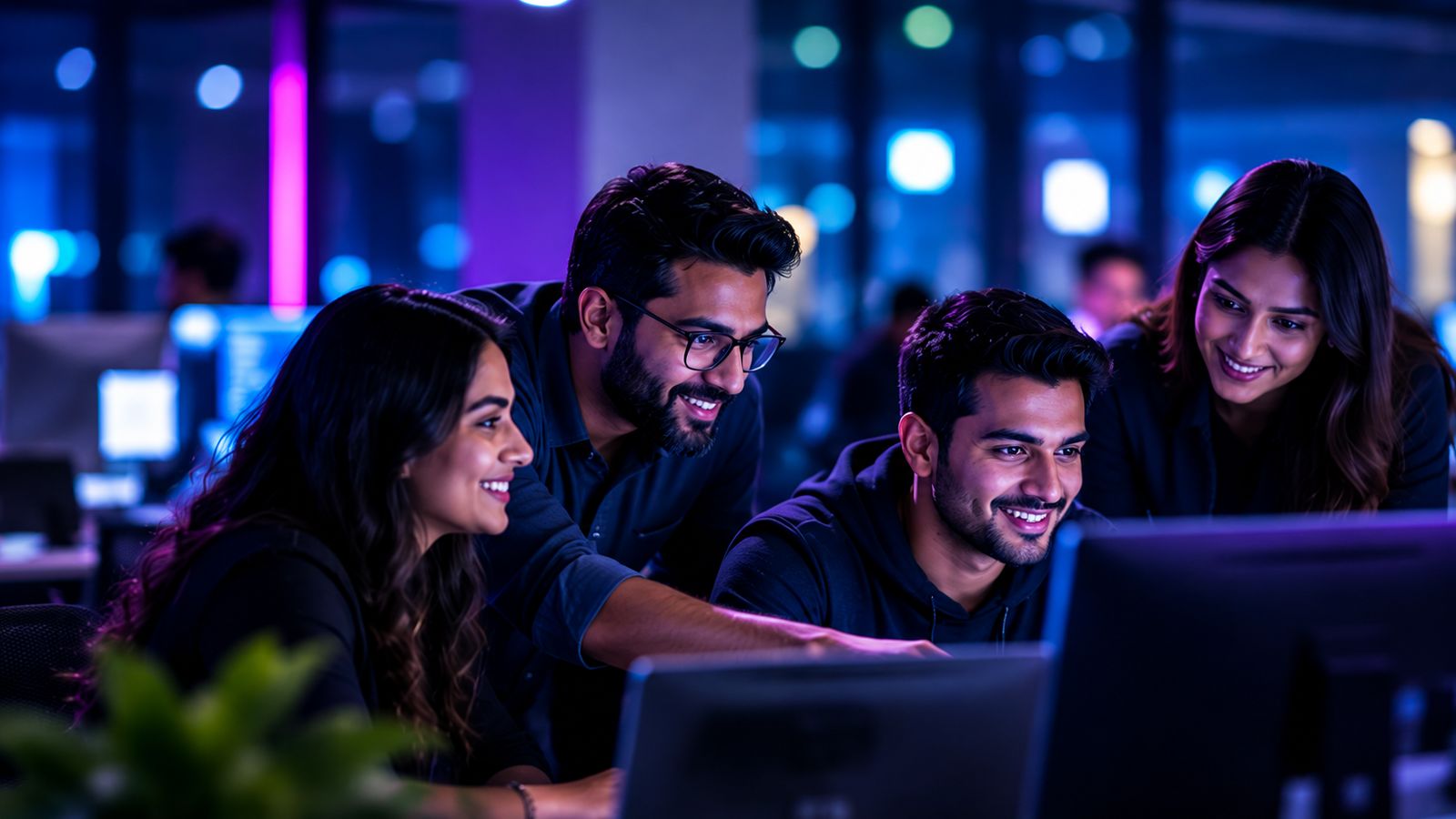 FourMetriX team members collaborating around a screen