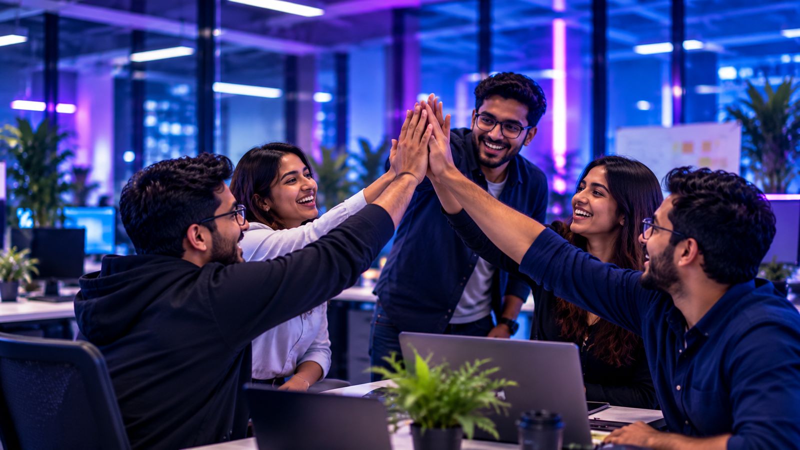 FourMetriX team members celebrating together with a high-five