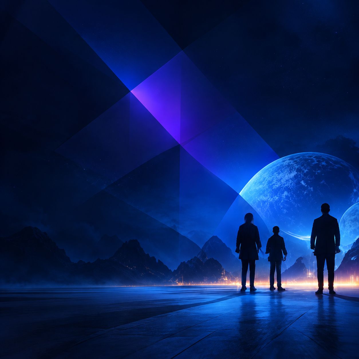 Three people looking out towards a bright horizon